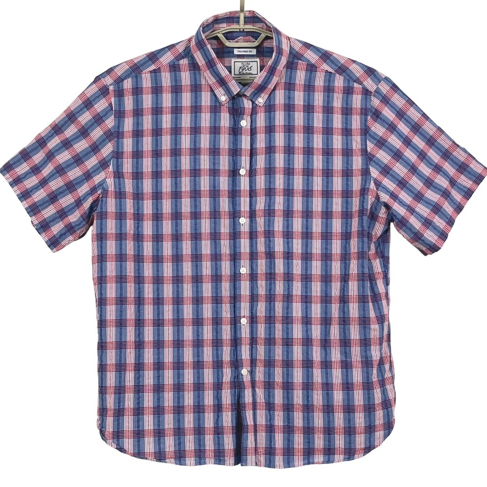 Jos. A. Bank Men 1905 Seersucker Shirt XXL Blue Red Plaid Tailored Fit Patriotic